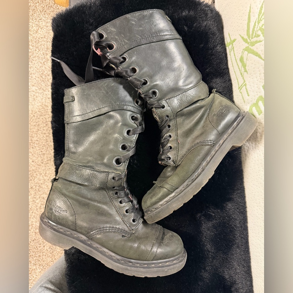 Dr. Martens Black Green Lace-Up Combat Boots fold over